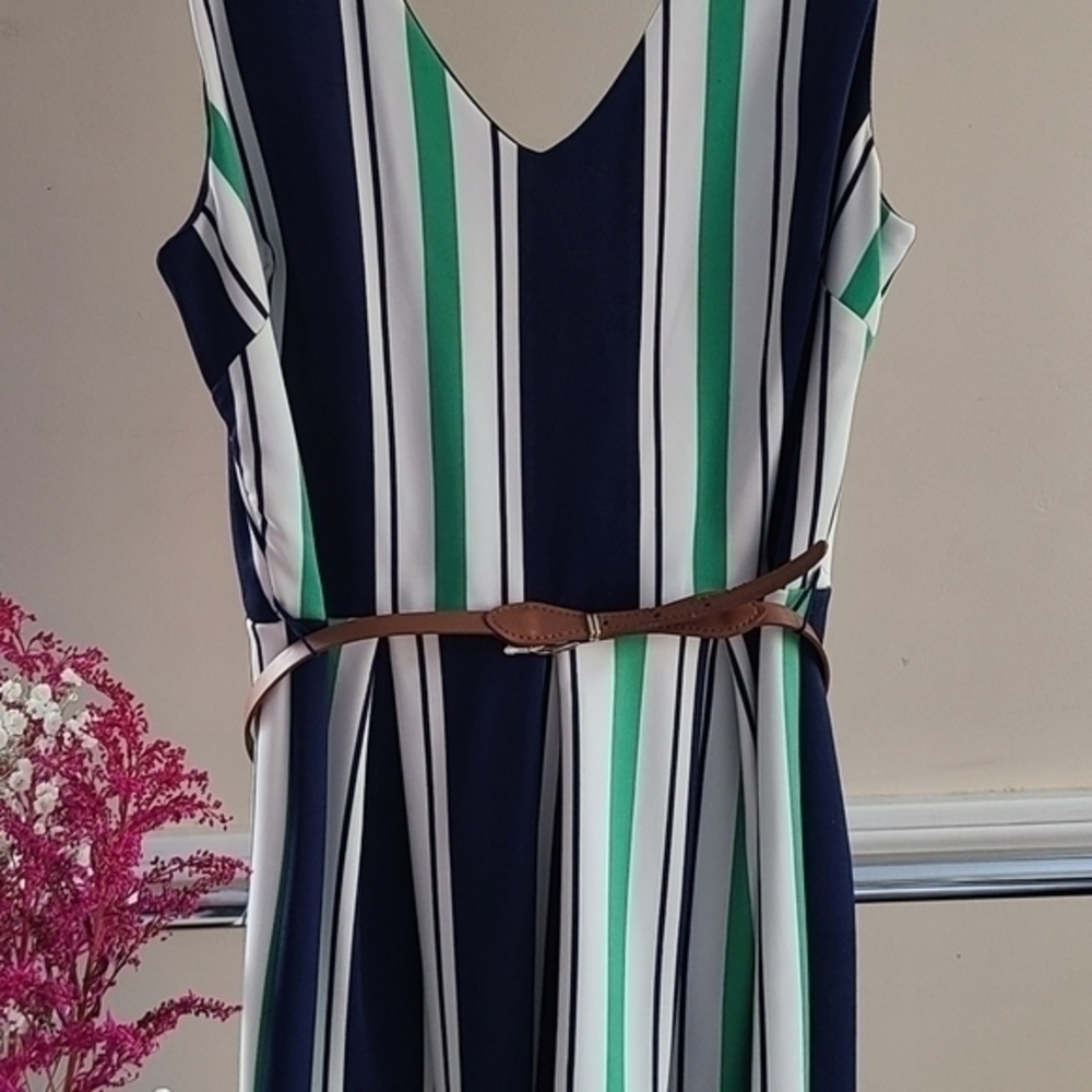 Sleeveless BCX Navy, Green, and White Dress With Belt - Picture 2 of 4